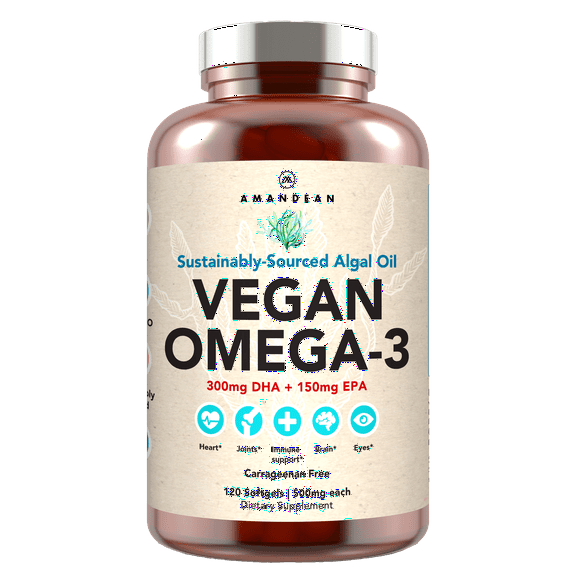 Amandean Vegan Omega-3 Supplement. Fish Oil Alternative. Plant Based DHA & EPA Algal Oil. 120 Capsules. Marine Algae Essential Fatty Acids. Joint, Heart, Skin, Brain, Eye. (Packaging May Vary)