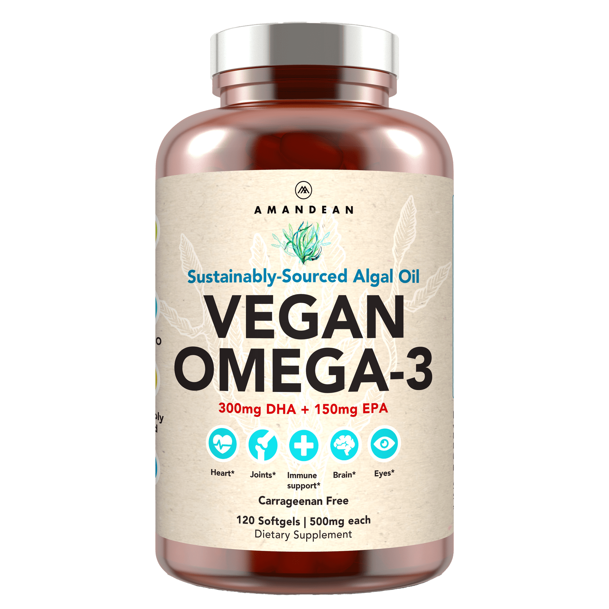 Amandean Vegan Omega-3 Supplement. Fish Oil Alternative. Plant Based DHA & EPA Algal Oil. 120 Capsules. Marine Algae Essential Fatty Acids. Joint, Heart, Skin, Brain, Eye. (Packaging May Vary)