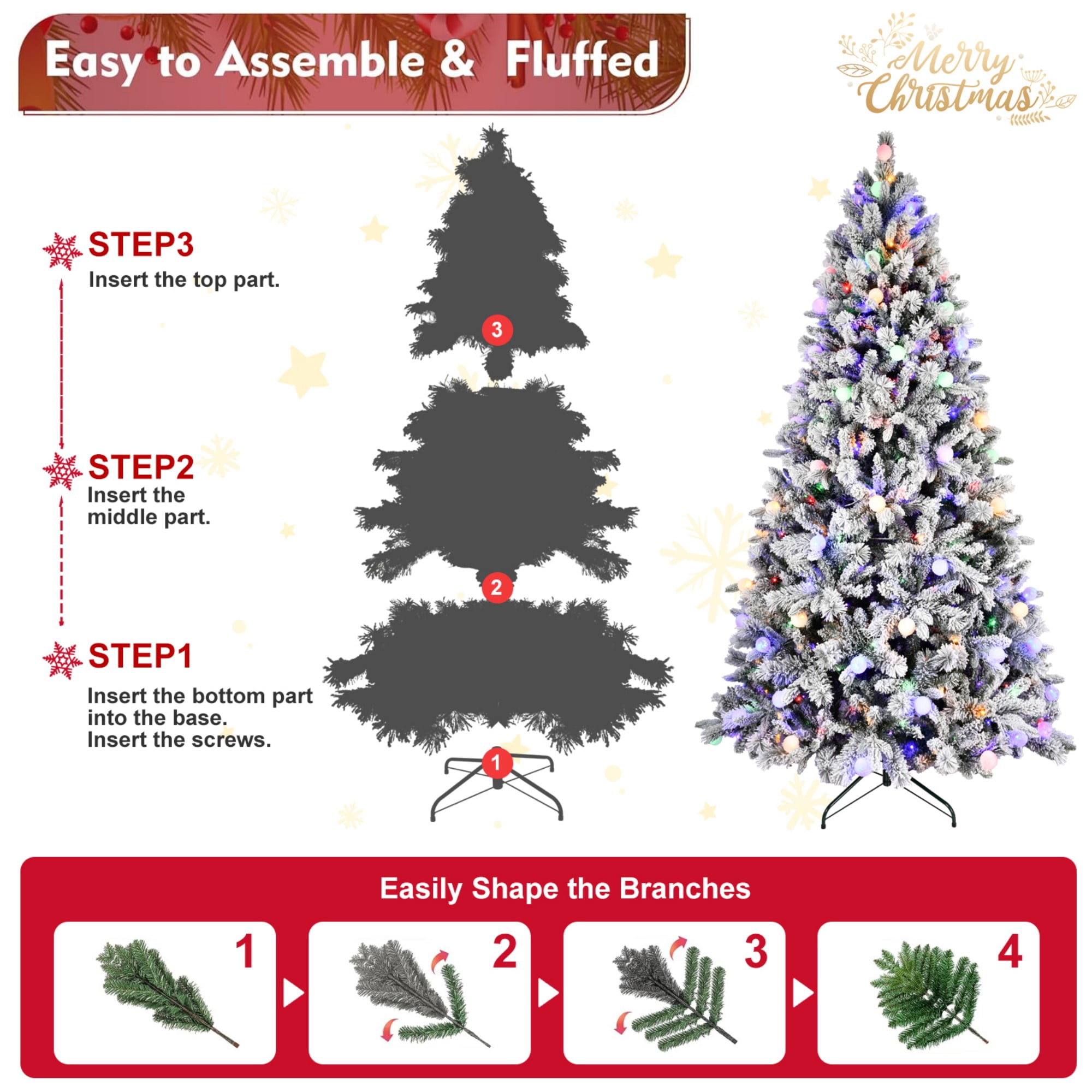 DEALTOPS 7.5 FT Pre-Lit Flocked Artificial Christmas Tree with 400 G45 LED Lights, 10 Modes & 1523 Tips
