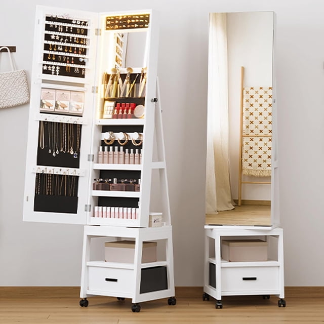 Bingirl 360-Degree Swivel Jewelry Cabinet with LED Lights, Rotatable Full-Length Makeup Mirror, Lockable Jewelry Storage with Drawer and Wheels, White