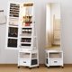thumbnail image 1 of Qinaqin 360- de Profundidadgree Swivel Jewelry Gabinete con LE cm Profundidad Lights Rotatable Full-Length Makeup Mirror Cerrable Almacenamiento Cajón y Ruedas Blanco, 1 of 7