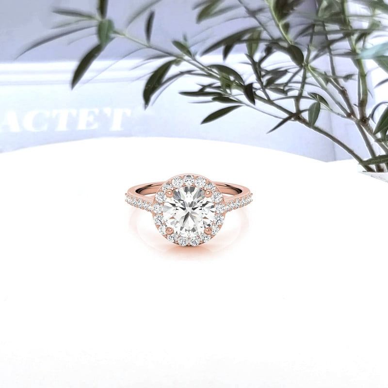 Auory 1 Carat Round Cut Moissanite Halo Engagement Ring in 18k Rose Gold Plating Over Sterling Silver for Women