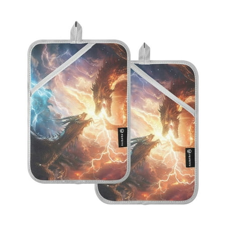 

Dragon Battle in Sky Oven Mitts 2 Pcs Pot Holders Sets Heat Resistant for Kitchen Cooking Baking 7 x9.8