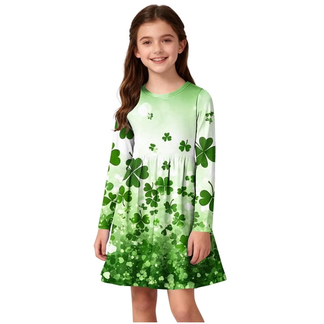 EGNMCR Robe à Manches Longues Col Rond Filles Robe Extensible à Manches Longues Robe Évasée Patineuse Robe de Récital Scolaire Robe à Manches Longues Col Rond Fille Robe en Polyester