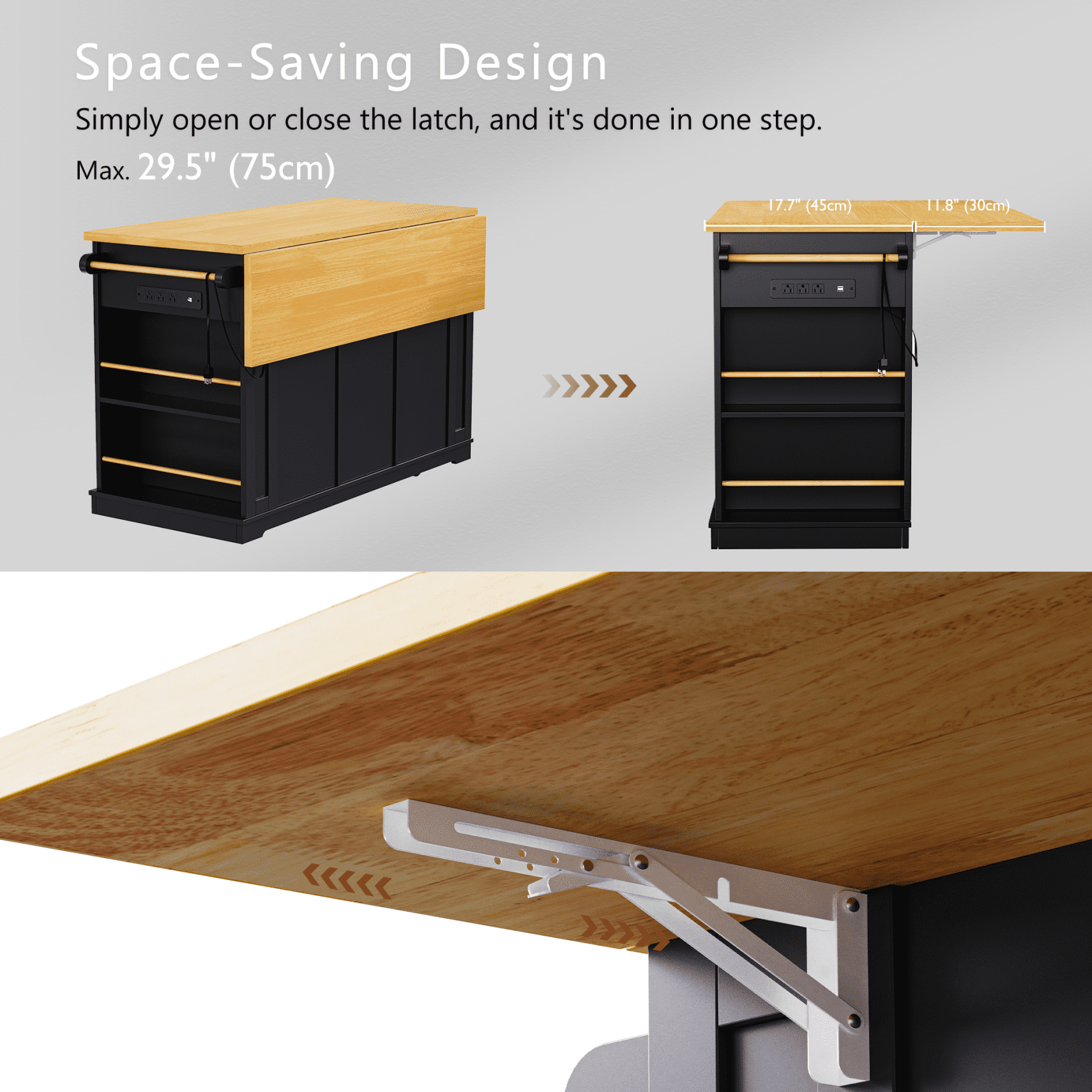 53" Kitchen Island On Wheels, Rolling Kitchen Island Cart with Drop Leaf & Power Outlet, Barn Door Kitchen Island Table with Storage Cabinet and Tower Rack for Kitchen, Dining Room, Black
