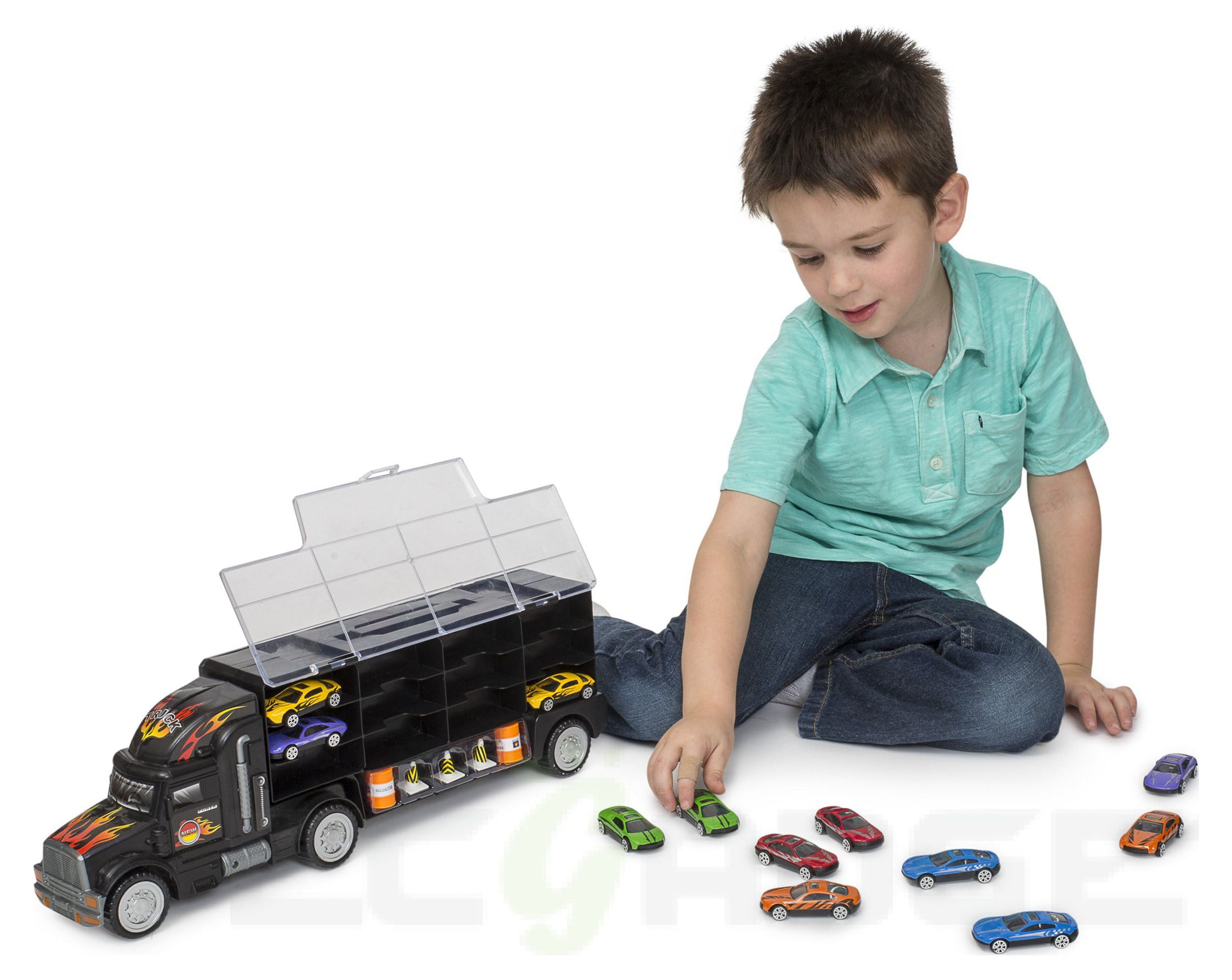 Big-Daddy Tractor Trailer Car Collection Case Carrier Transport Toy Truck For Kids Includes 12 Cars + Accessories