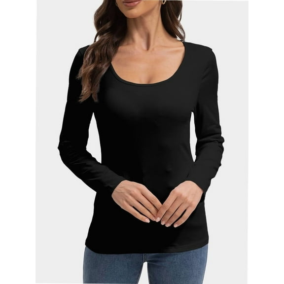 Womens Long Sleeve Scoop Neck Tops Casual Slim Fitted Basic Shirts