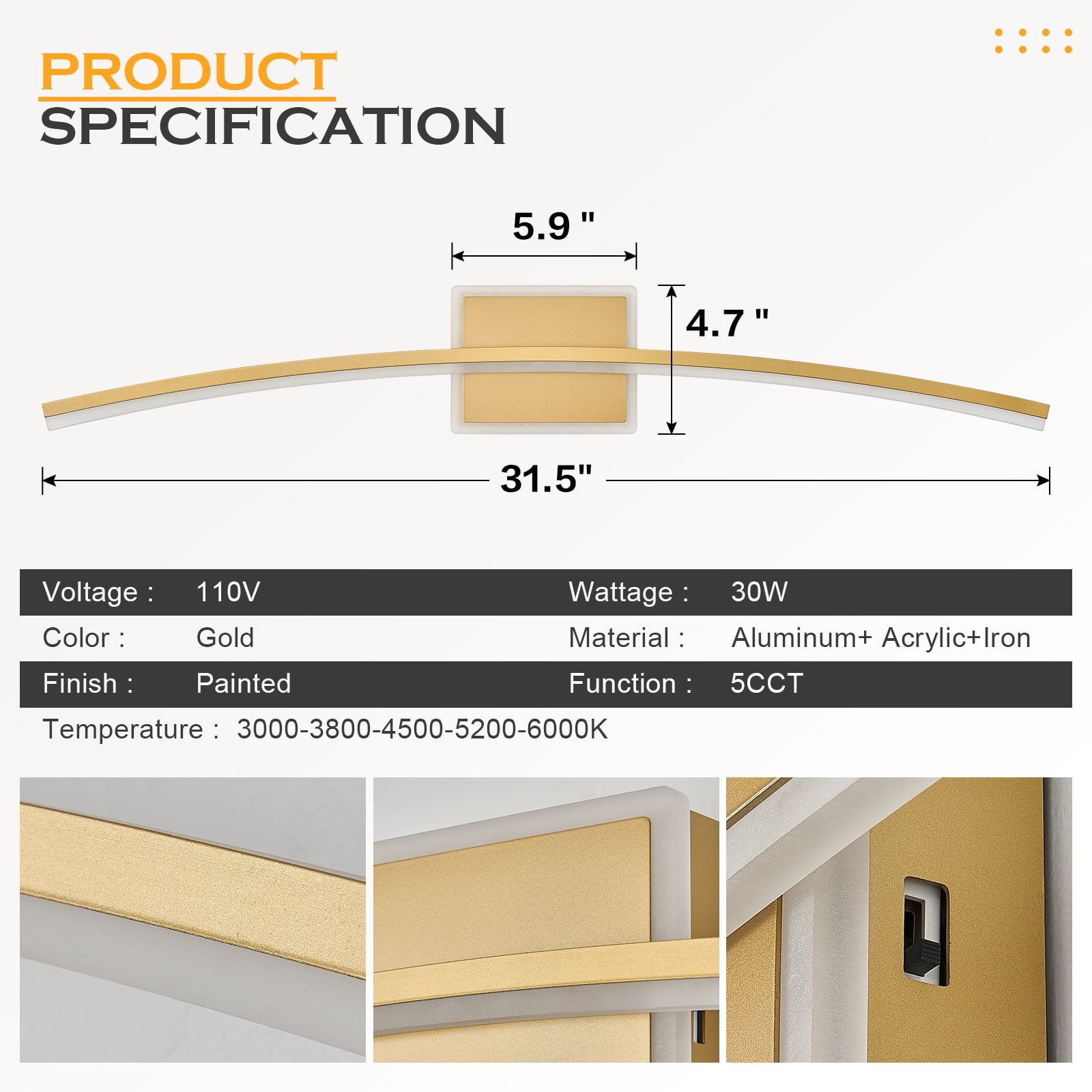 Modern LED Vanity Light Gold LED Bathroom Light Fixtures Over Mirror Wall Lighting for Bathroom, Dimmable Long Vanity Light for Bathroom Living Dining Room(5CCT 31.5Inch)