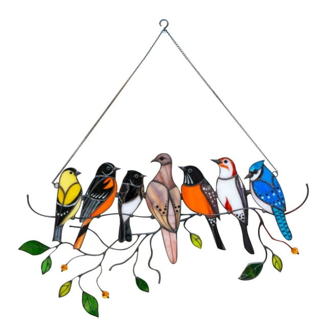 7 Multicolor Birds On-A-Wire, Double Sided Painted Metal Bird Series Art Ornaments Pendant Hanging with Metal Chain for Window