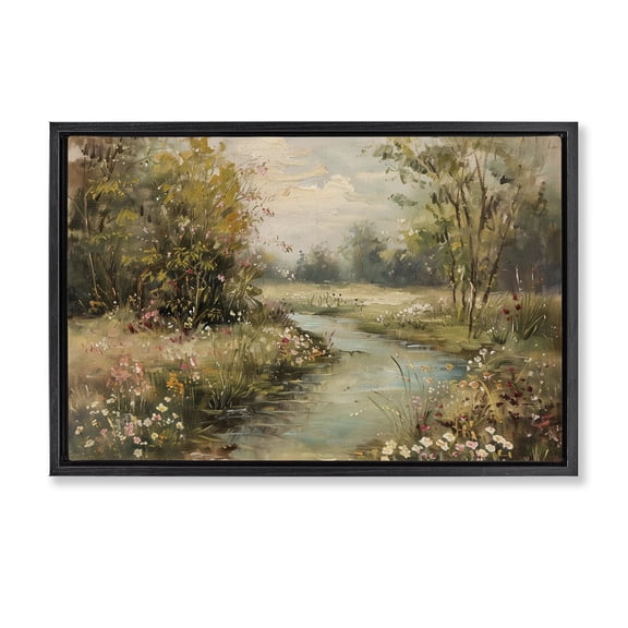 Stupell Industries Spring Stream Landscape Landscape & Nature Painting Black Floater Framed Canvas Art Print Wall Art, 25 x 17