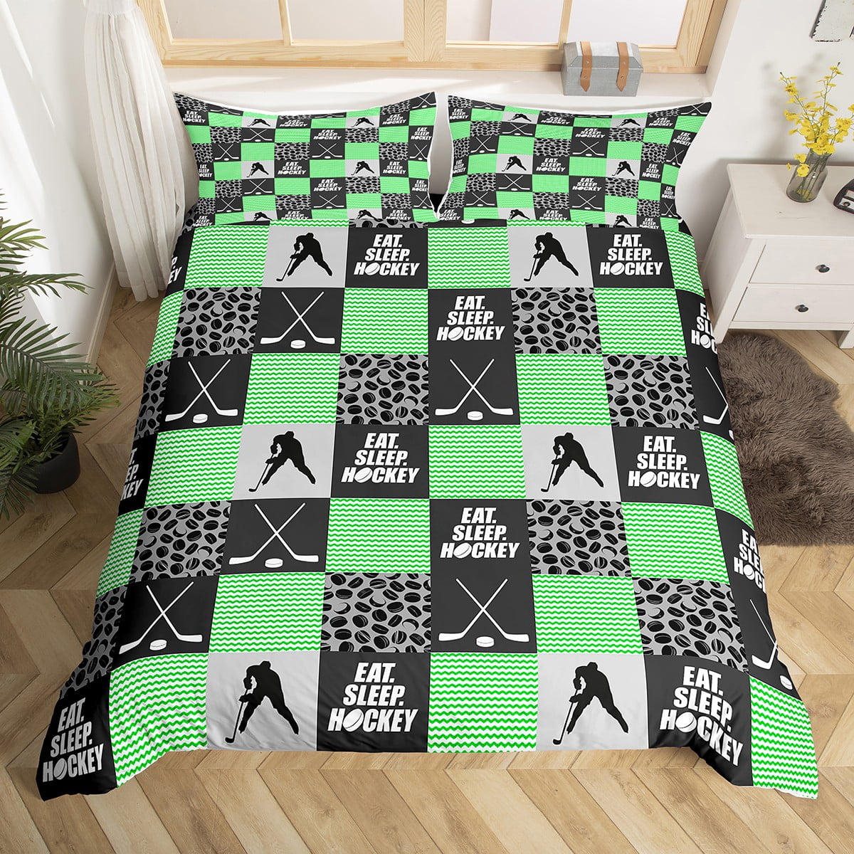 Boys Hockey Bedding Queen,Eat Sleep Ice Hockey Duvet Cover For Kids
