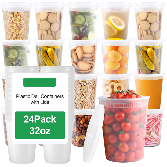 32oz Plastic Deli Containers with Lids,Plastic Freezer Food Storage Containers,Leakproof Soup Container with Airtight Lids for Soup,Home,32 Oz Resuable Deli Containers,24 Set