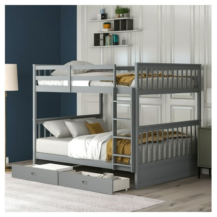 Full Over Full Bunk Bed with Ladders & 2 Storage Drawers, Gray