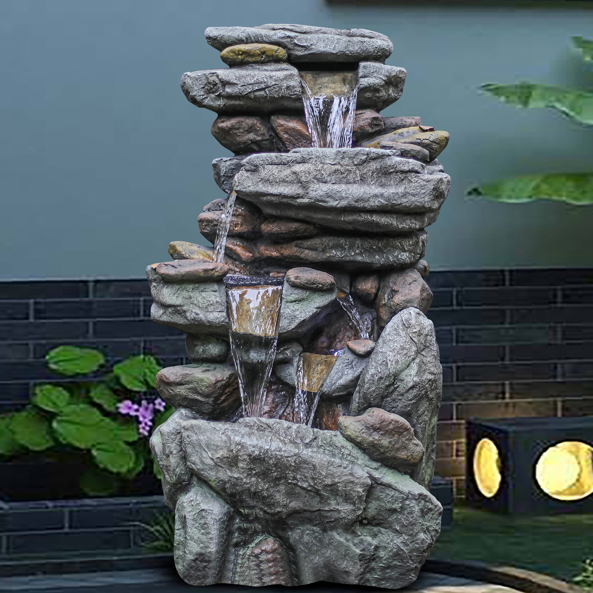 Garden Water Fountain Outdoor Decor 5 Tier Rustic Rocks Floor Rack Water Fall Fountain With Led Light Soothing Tranquility Floor Standing Indoor Water Fountain 21 65 L X 14 96 W X 40 15 H W16146 Walmart Com