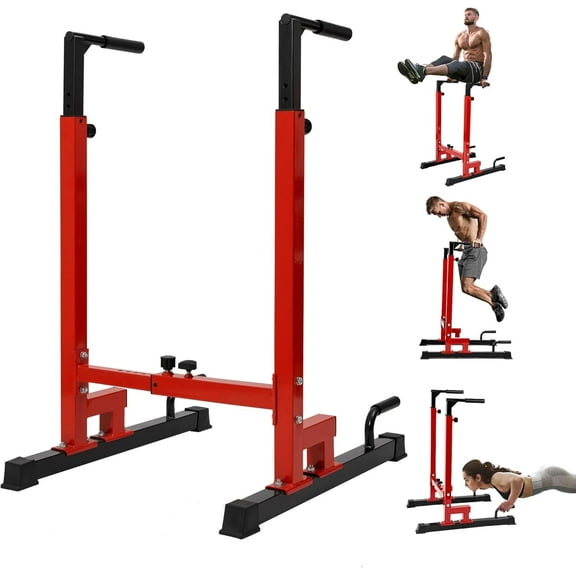 Yes4All Dip Stand 500 LBS Capacity, 80 Levels Adjustable Dip Bars, Dip Station Machine for Home Gym - Red