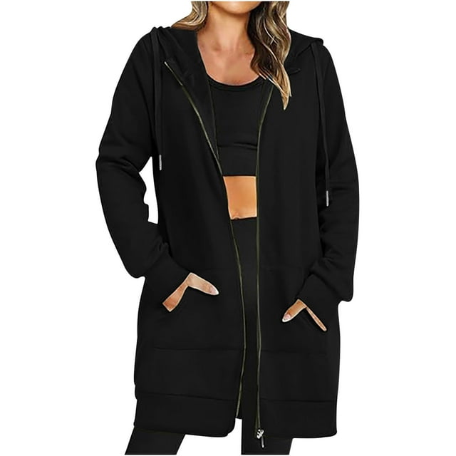 cfhntfmh Oversized Sweatshirt for Women Long Sleeve Zip up Drawstring Hoodies Soft Solid Color Winter Jackets with Pockets