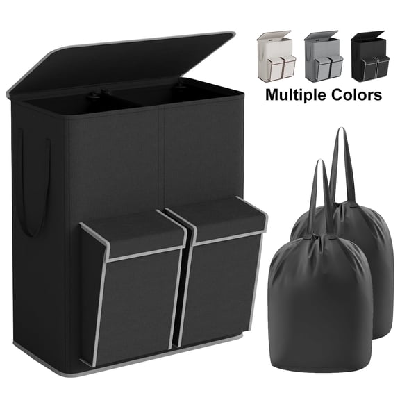 BGTREND Double Laundry Hamper with Lid, 180L Dirty Clothes Basket with 2 Removable Bags & 2 Side Pockets, Collapsible Laundry Sorter, Black