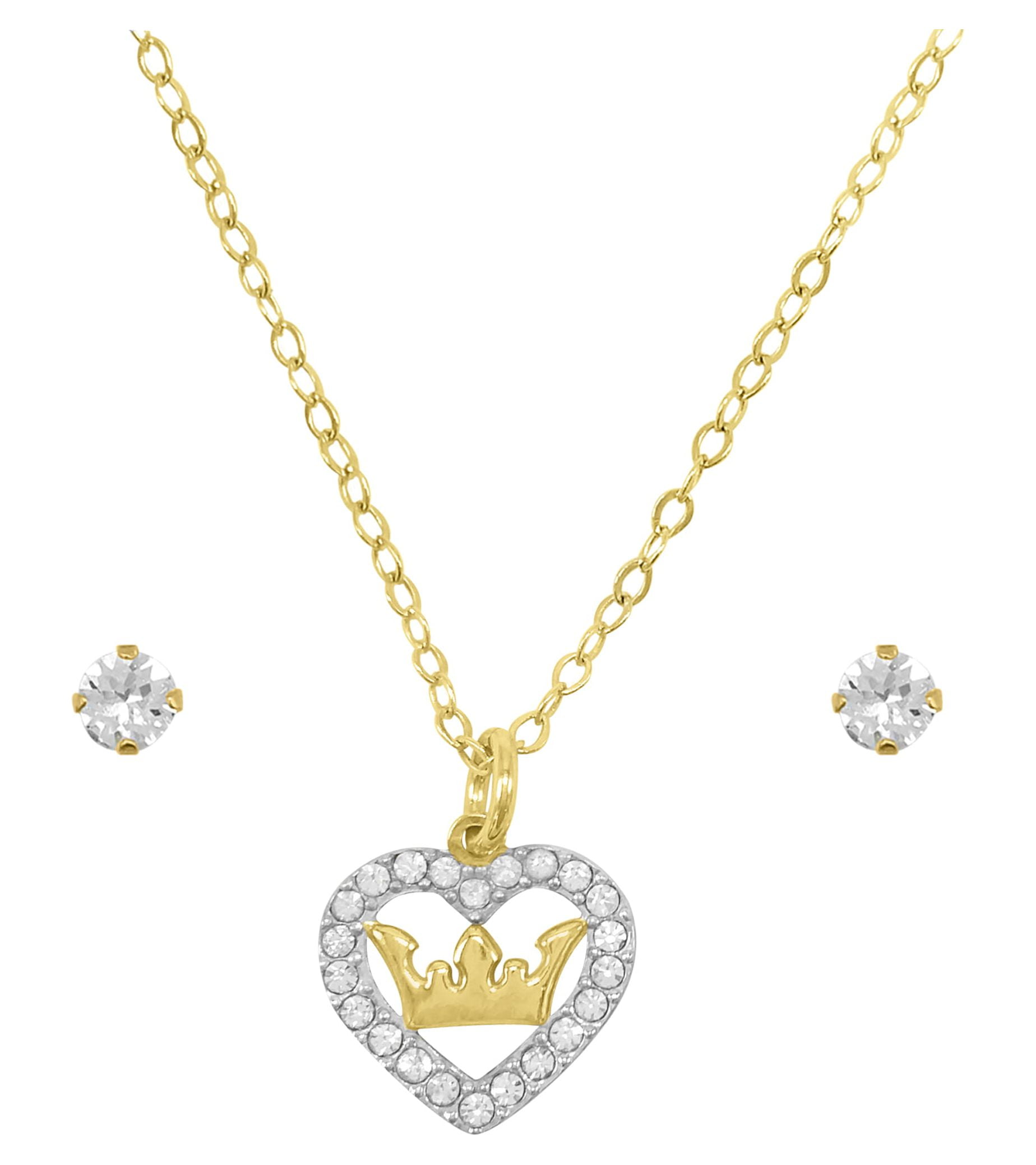 Brilliance Fine Jewelry 14K Gold Plated Sterling Silver Crystal Heart Necklace & Studs Children’s Set