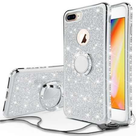 Apple Iphone 8 Case,Iphone 7 Case, Glitter Cute Phone Case Girls Kickstand,Bling Diamond Rhinestone Bumper Ring Stand Thin Soft Sparkly iPhone 7/8 - Silver