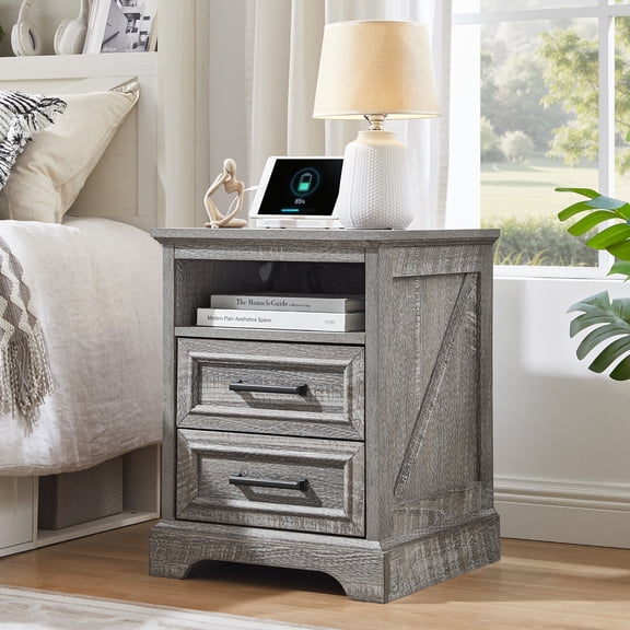 IFMUST Farmhouse Nightstand with Charging Station, End Table with 2 Drawers Storage, Grey