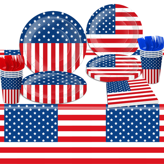USA Flag Tableware Set, Serves 10, Patriotic Plates Cups Napkins Cutlery, 91 Pcs