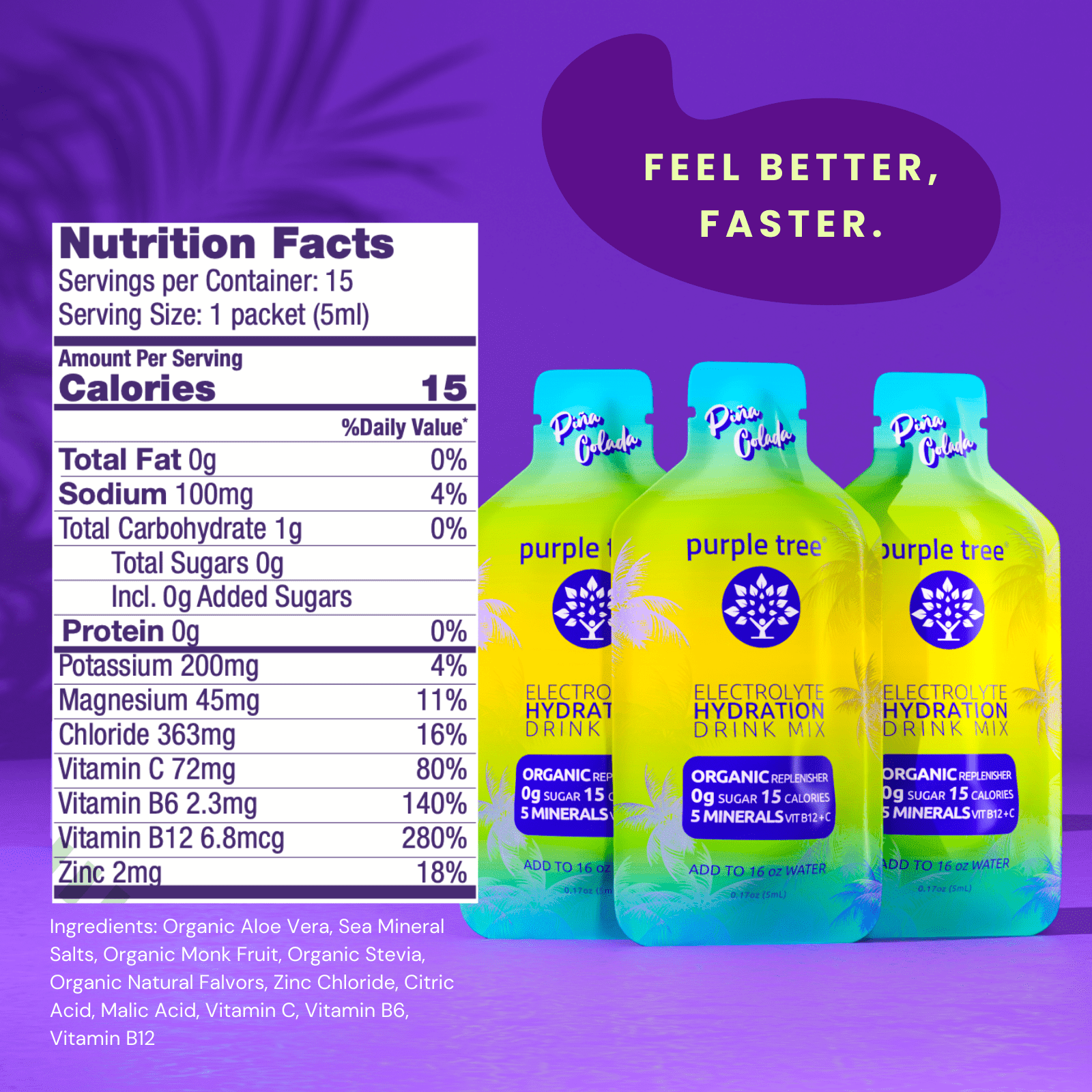 Purple Tree Organic Electrolyte Hydration Packets, Pina Colada - 5-Pack Hydrating Liquid Sticks