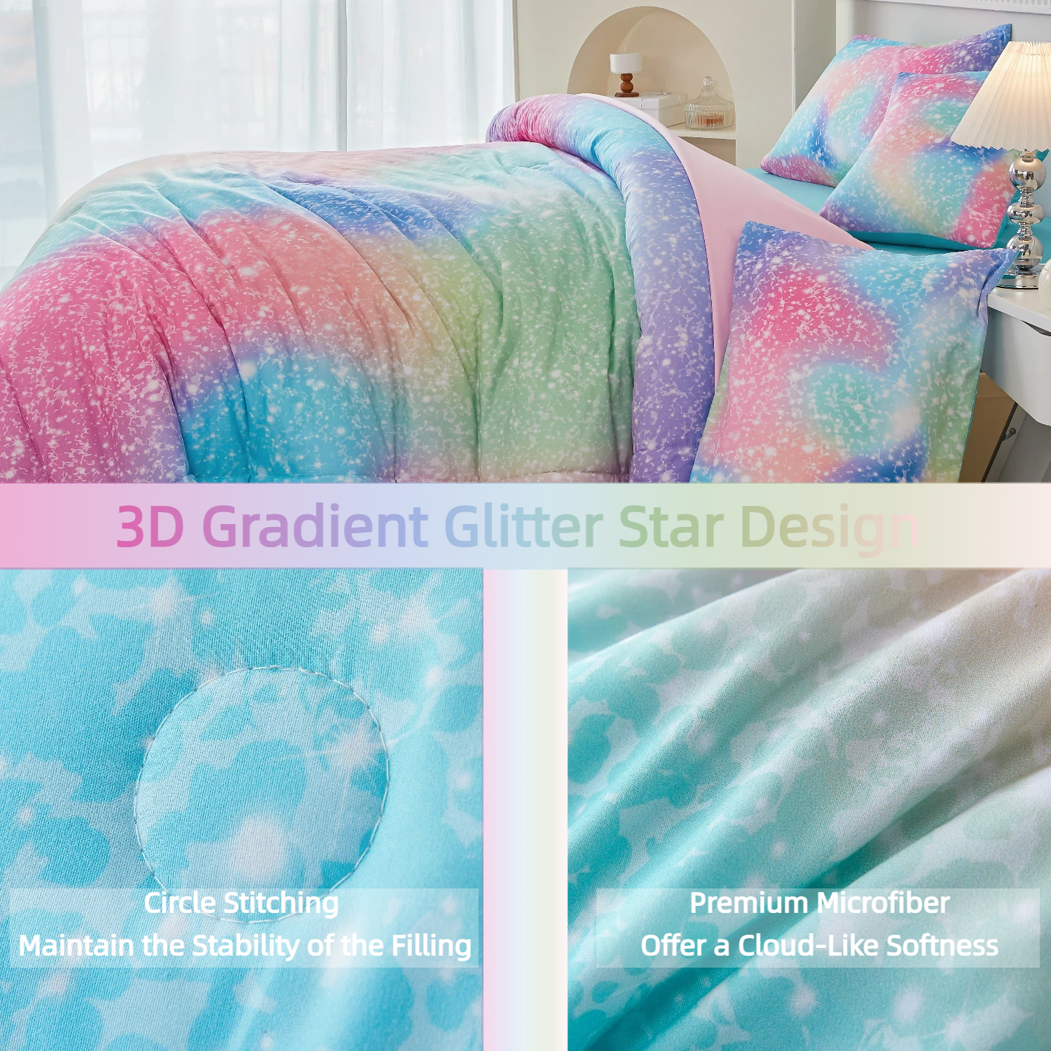 PERFEMET Kids Twin Comforter Set 6-Piece Rainbow  Bedding Set for Girls Teal Pink Galaxy Glitter Star Bed in a Bag for All Season(Rainbow,Twin)