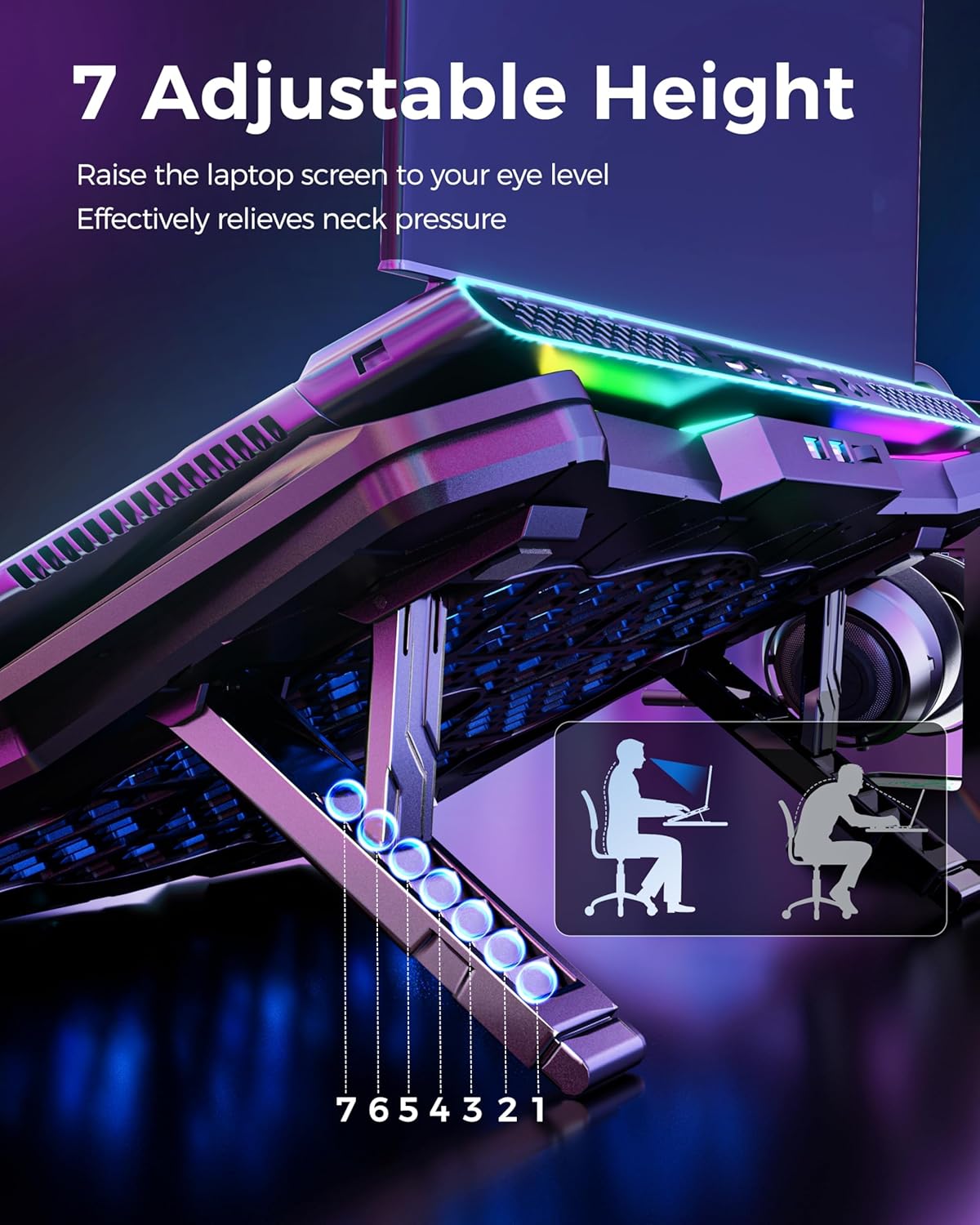 Gaming Laptop Cooling Pad with 8 Fans, RGB Computer Stand for 15.6-17.3 Inch Notebook 7 Height Slots, 2 USB Ports, AA3