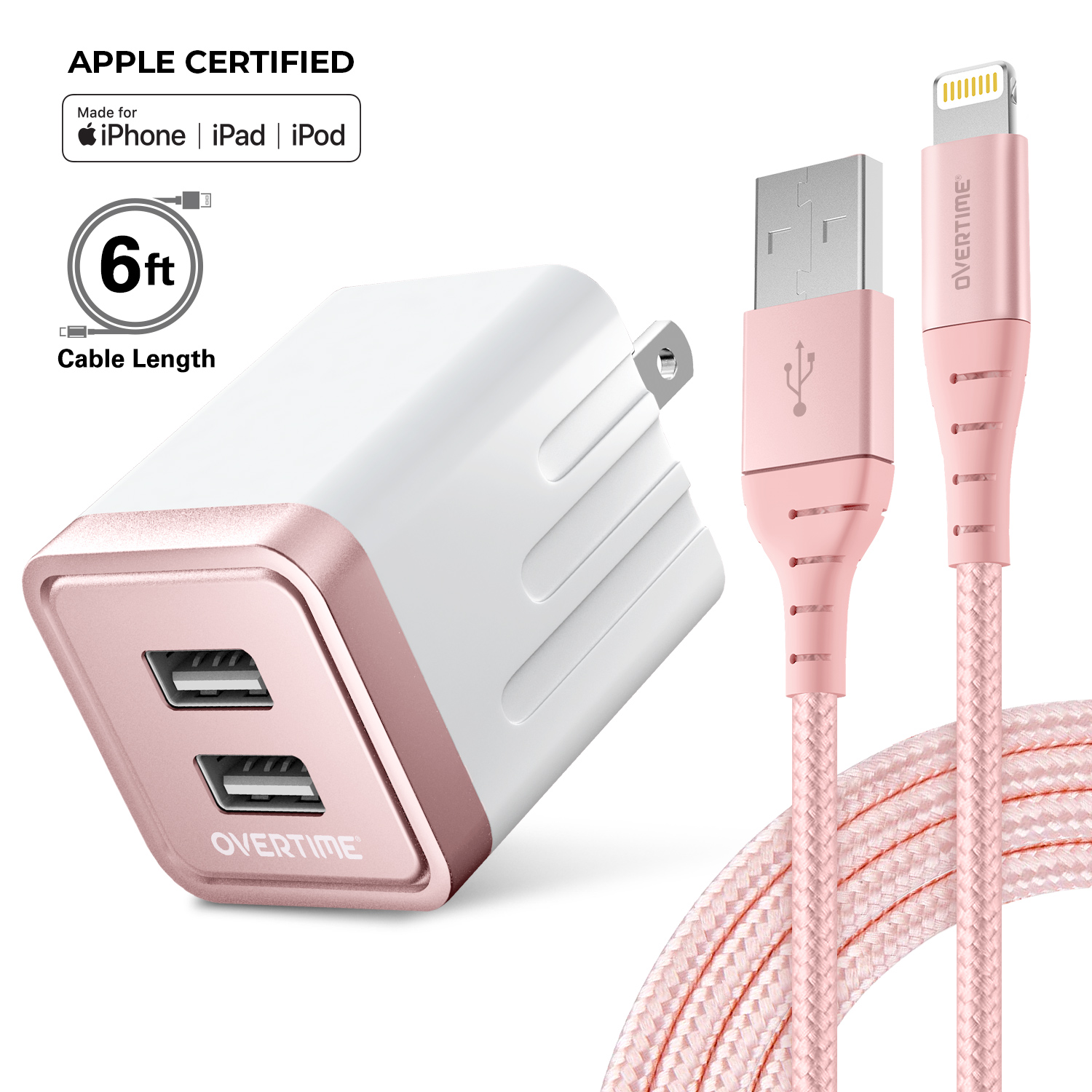 Overtime Phone Charger, MFi Certified Lightning Cable 6 Ft with 2.4Amp Dual USB Wall Charger