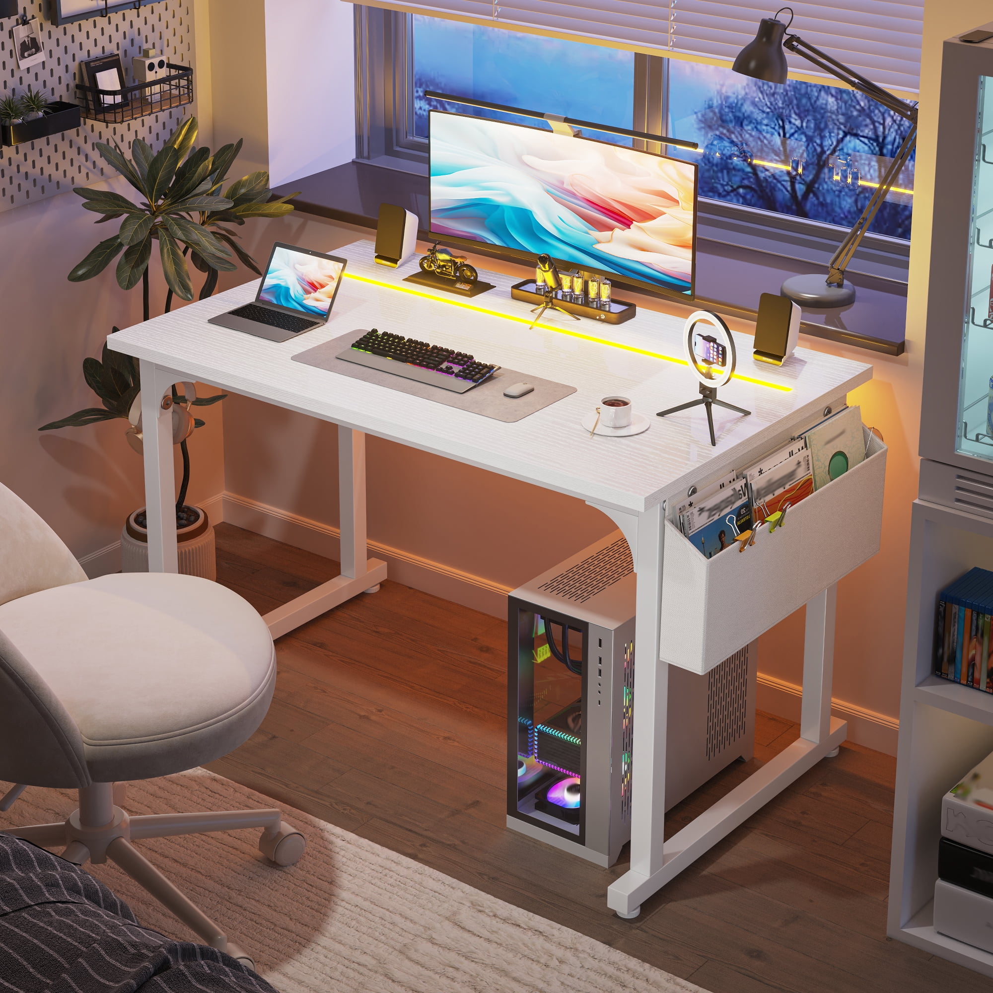 Romorgniz 40 Inch Computer Desk with LED Lights for Small Spaces, Home Office Desk with Storage Bag, Headphone Hook, White