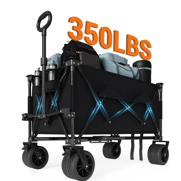 Ataucjin Foldable Wagon for Beach, Heavy Duty Collapsible Foldable Wagon for Camping, All Terrain Beach Wagons Extended with Cup Holders,350 lbs Capacity