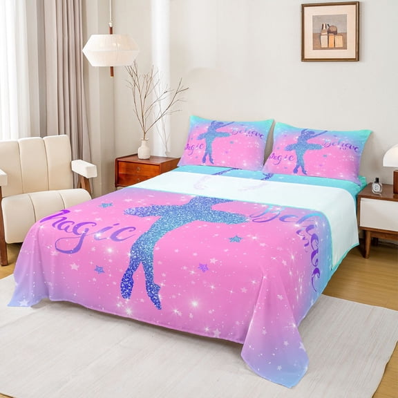 Homewish Dance Ballet Girl Twin Sheet Sets 3pcs for Female Men Girls,Bling Gradient Glitter Twin Fitted Sheet Microfiber,Dreamy Princess Breathable Flat Sheet,Microfiber Bedroom Decor