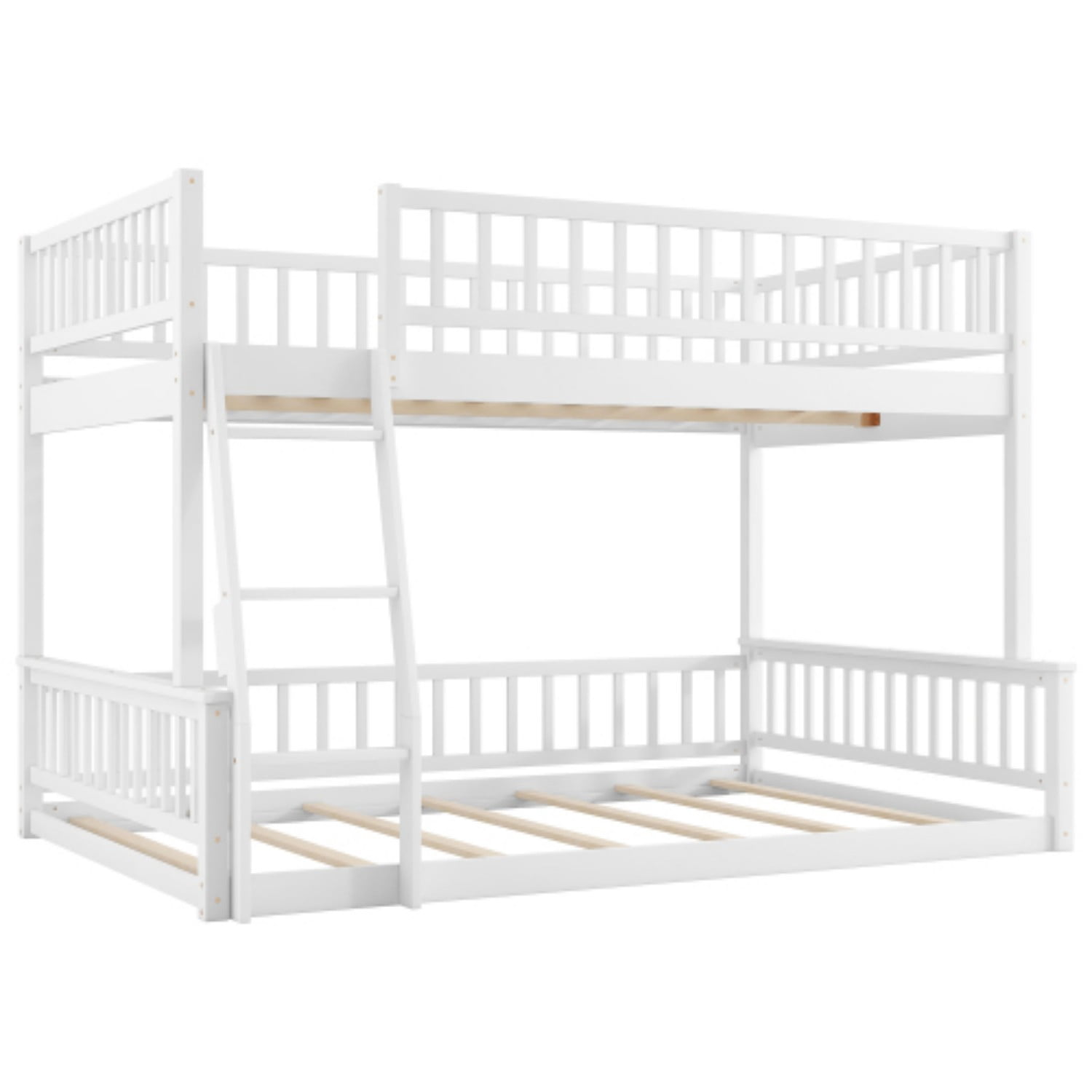 Full XL Over Queen Bunk Bed with Ladder, Convertible Wood Bunk Bed Frame with Safety Guardrails, Solid Pine Wood Space Saving Bed for Bedroom, White