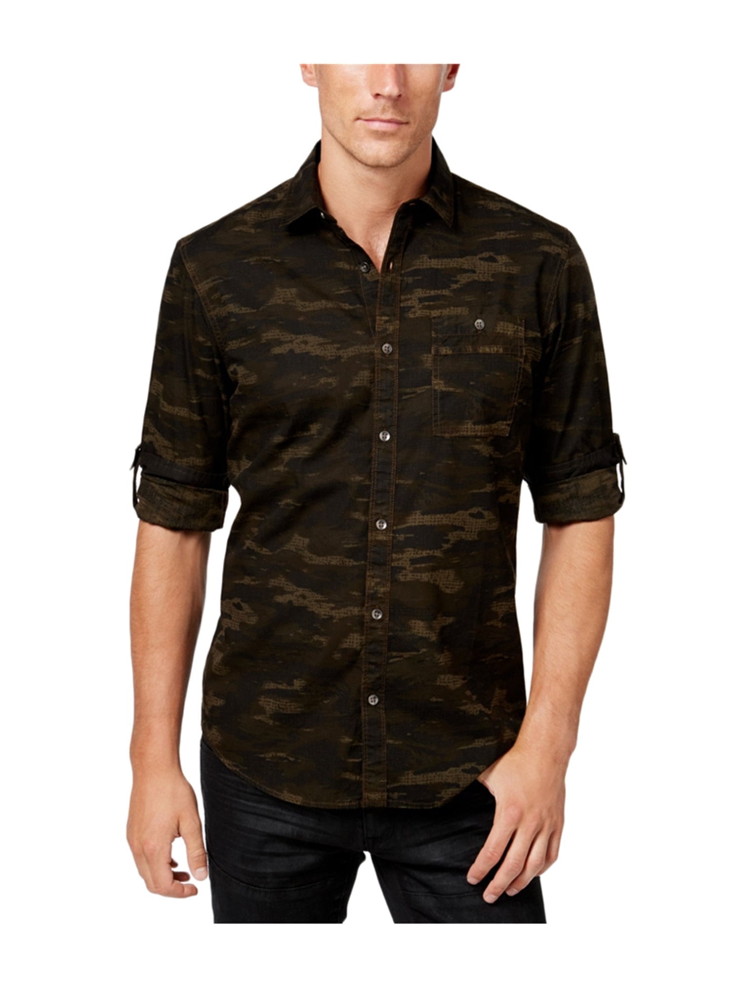 SELX Men Camo Button Front Short Sleeve Denim Shirt with Pockets