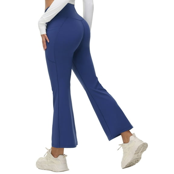 BALEAF Women's Petite Flare Leggings Tummy Control Crossover High Waisted Yoga Pants with Pockets Work Casual Mini 27" Navy Blue L