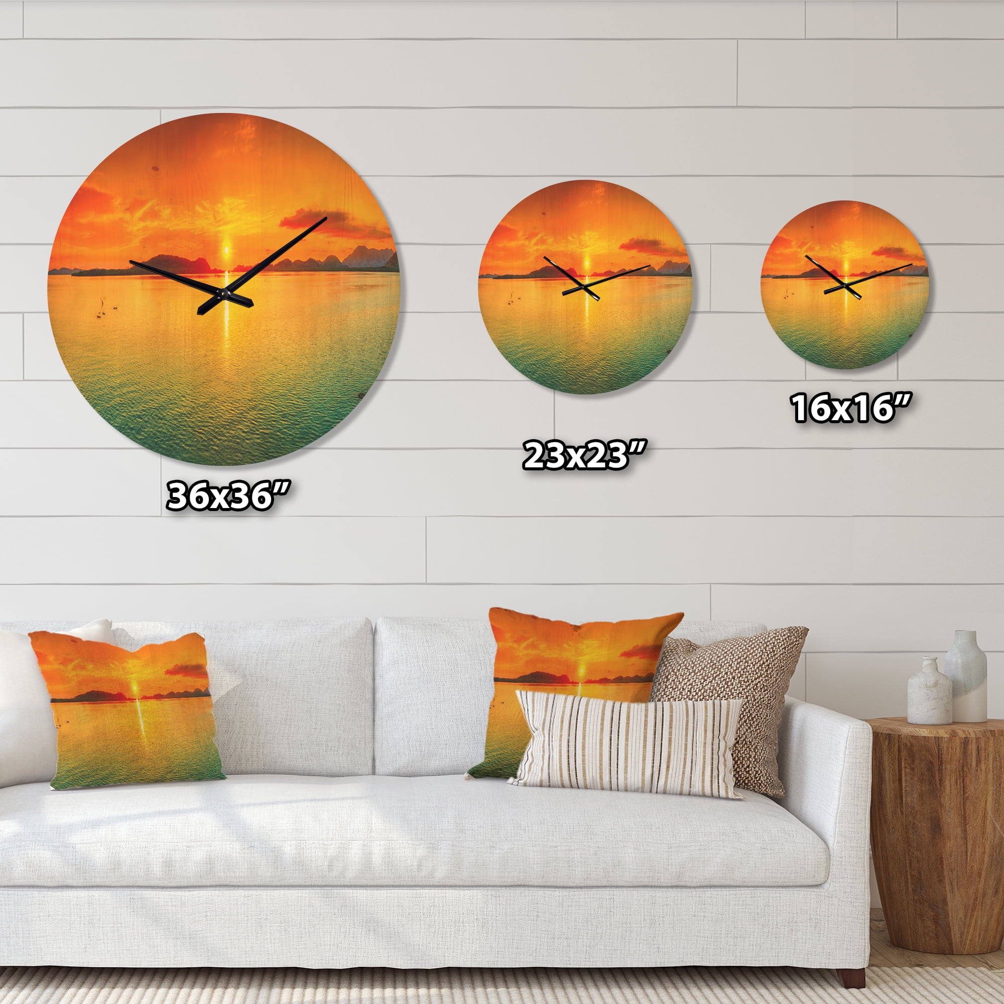 Designart 'Panorama Yellow Sunset ' Modern Wood Wall Clock