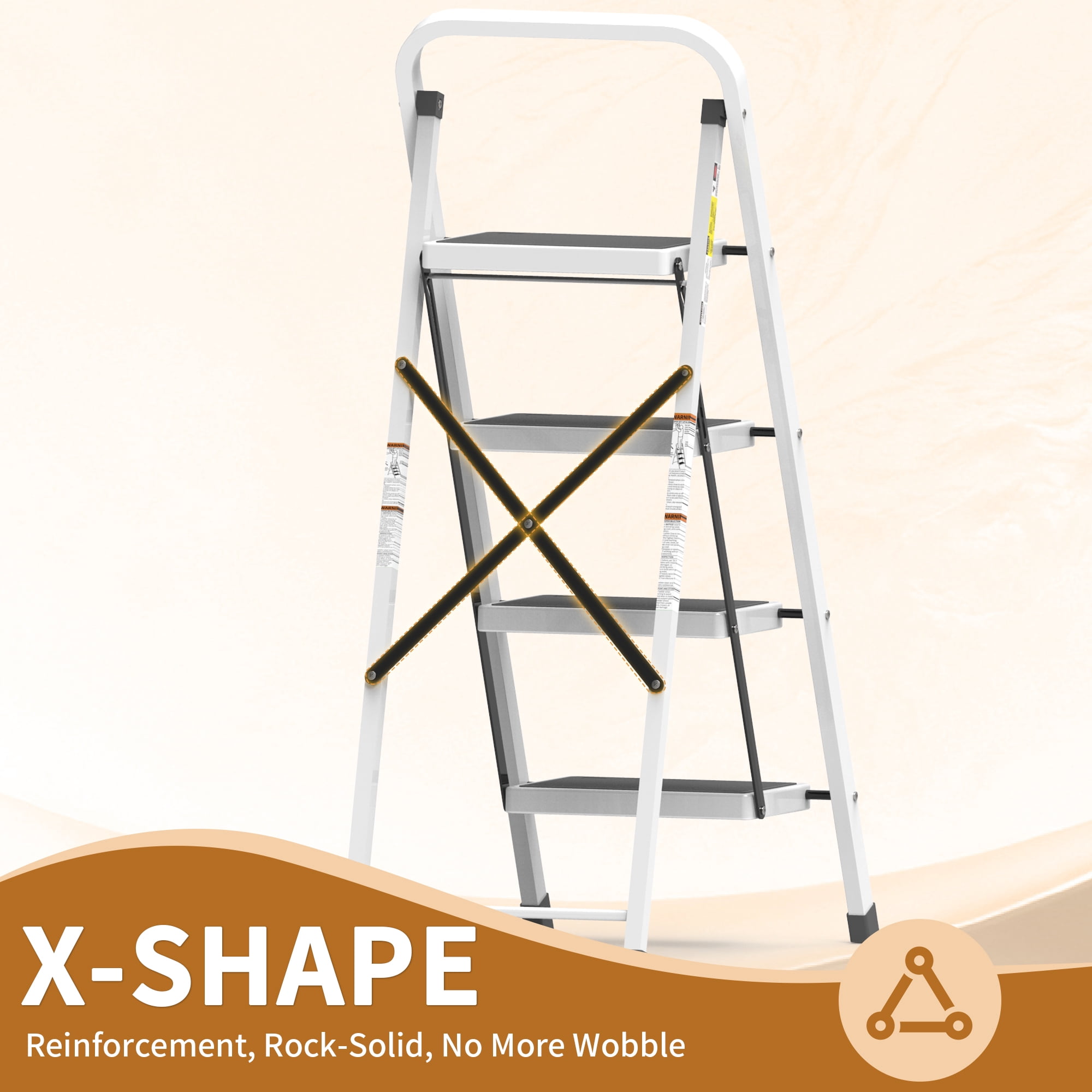 LevLad 4 Step Ladder with Safety Lock, Non-Skid Wide Steps,Household Folding Ladder for Home, Garden, Painting, Outdoor, Garage, White