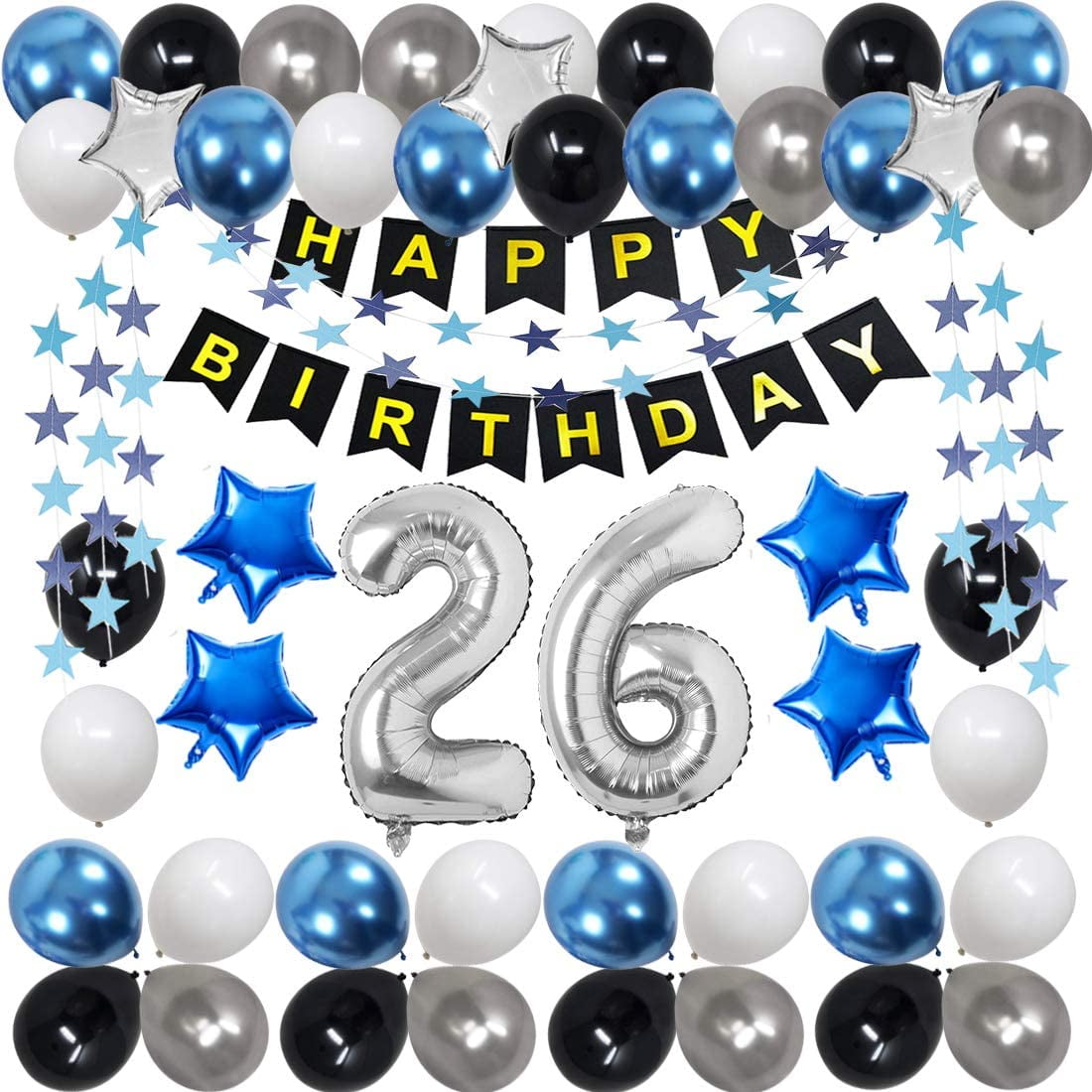 26th Birthday Decorations For Men Women Boy Girl Blue Black Birthday Party Supplies With 26 Silver Number Balloon Happy Birthday Banner For 26th And 62nd Birthday Party Walmart Com Walmart Com