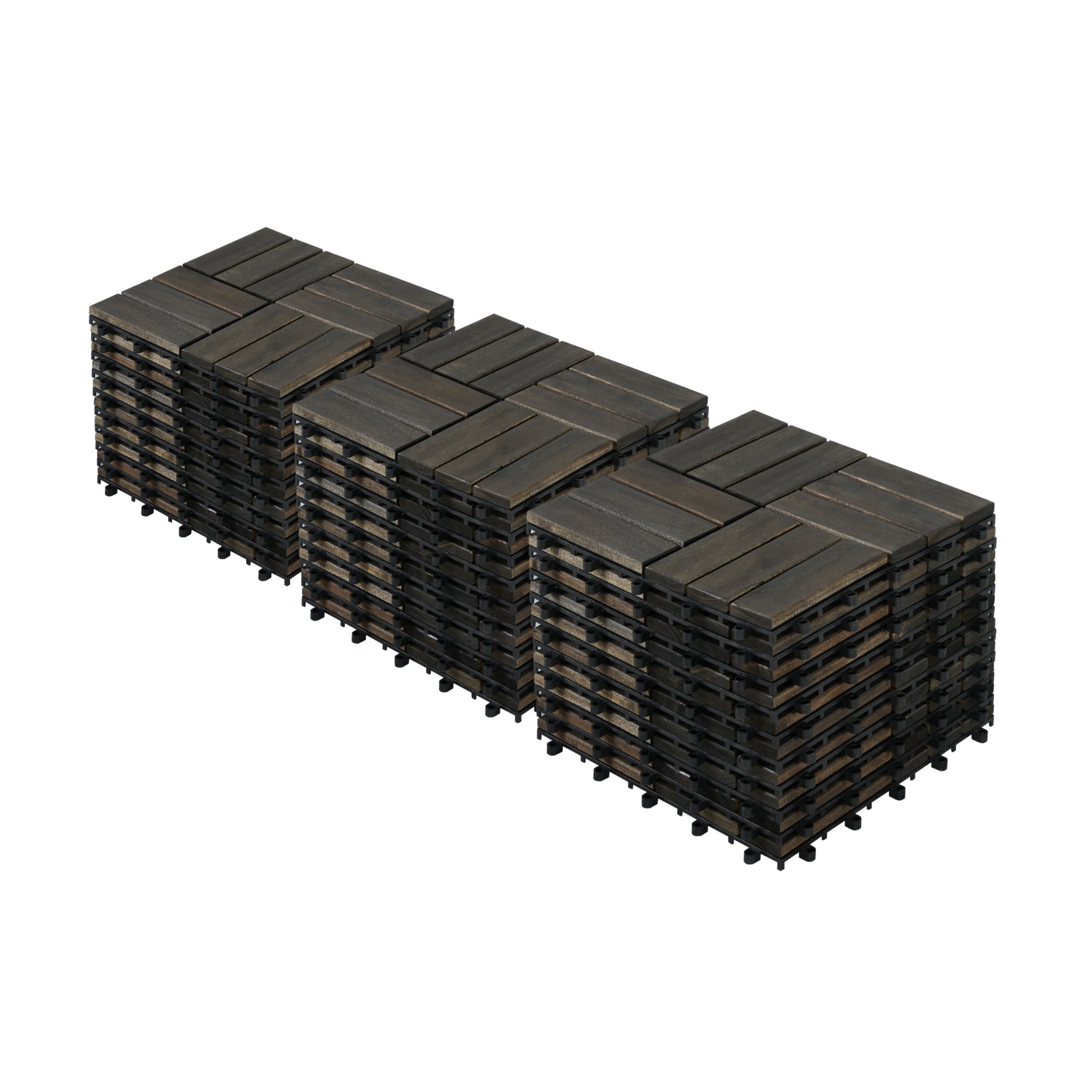 Noble House 12" Checker Acacia Wood Interlocking Deck Tiles, All-Weather Hardwood Patio Flooring, Dark Brown, 30 PCS