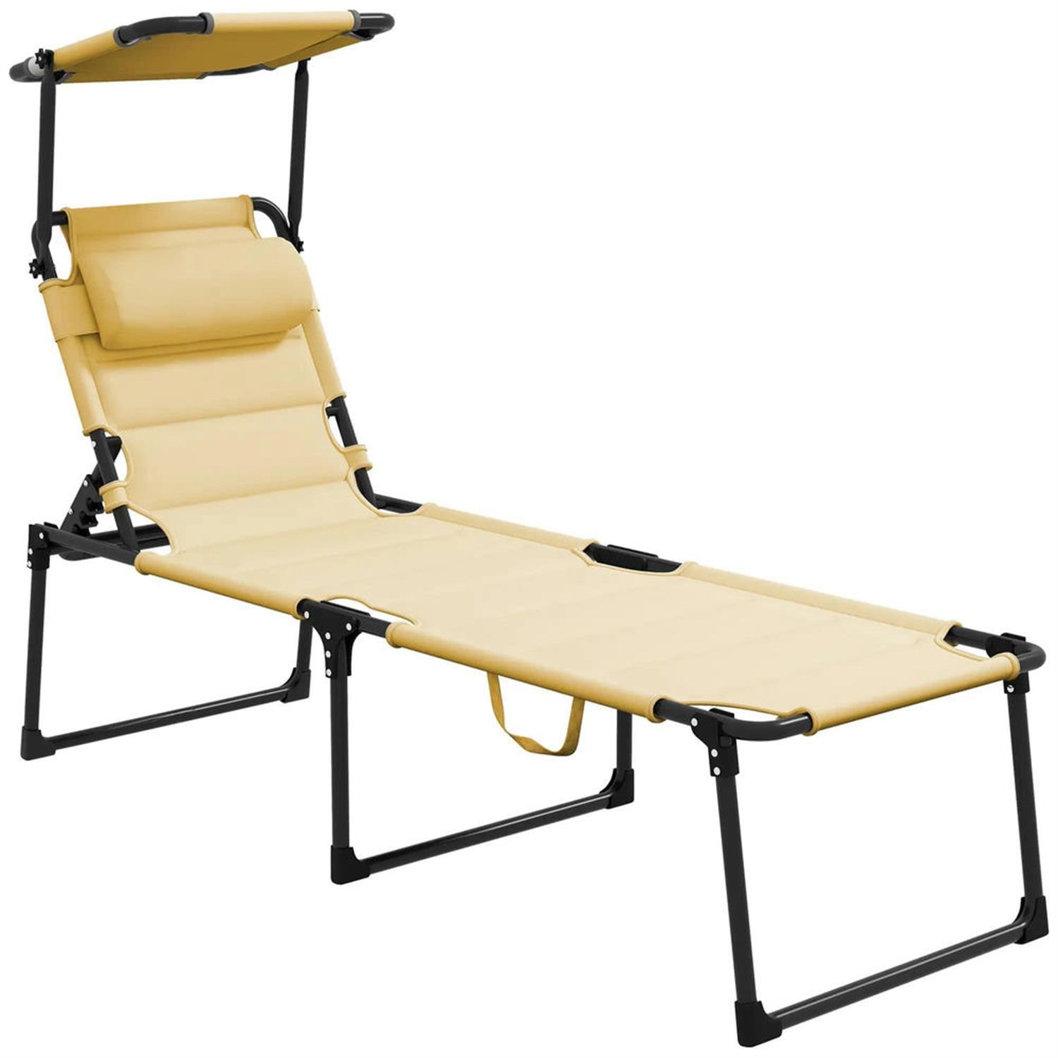Demi Bonn Outdoor Folding Lounger with 4-Position Reclining, Pillow & Sun Canopy for Relaxing Patio, Deck, Comfortable Sun Protection Seating, Yellow