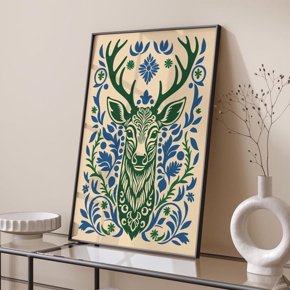 Rustic Deer Print: Nordic Folk Art, Farmhouse Wall Decor UNFRAMED Poster, Wall Art for Decor, Present, 8x12