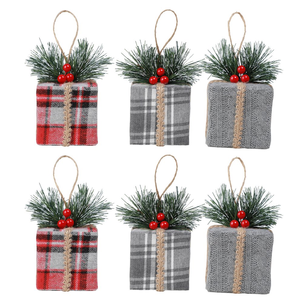 Holiday Time Gray Plaid GiftboxShaped Christmas Ornaments, Set of 6