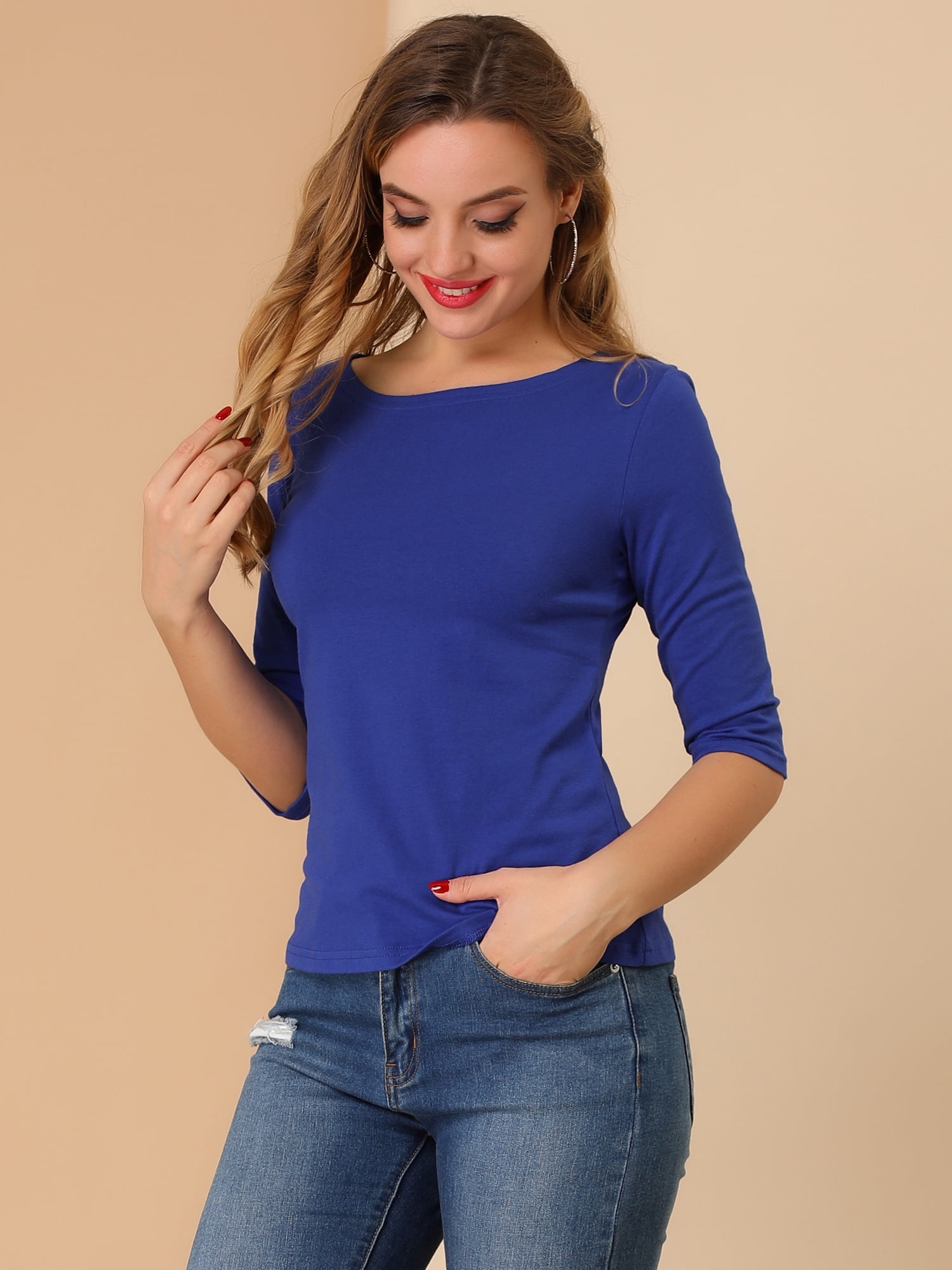 DARING DIVA Women's Elbow Sleeves Boat Neck Slim Fit Classic Tee M Royal Blue