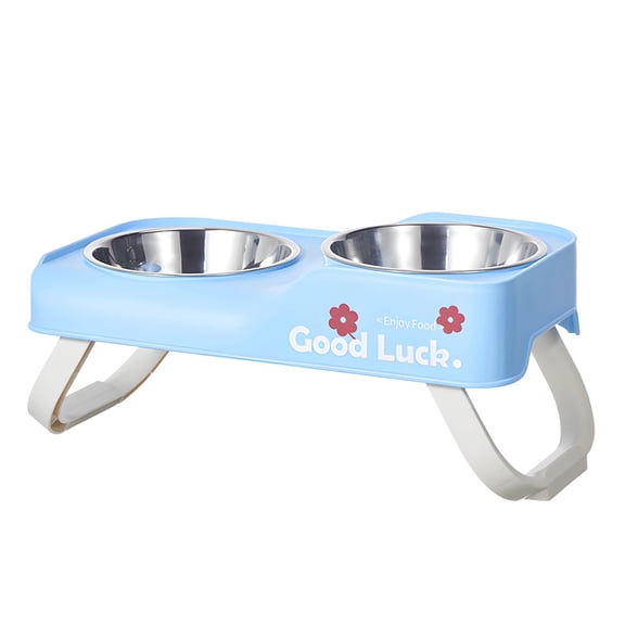 Blue Elevated Cat Bowls, Stainless Steel Tilted Dog Bowls for Whisker Relief, Adjustable 3 Heights, Foldable Raised Double Feeder, 13.2 x 4.9 x 5.7 in / 33.5 x 12.5 x 14.5 cm for Small Cats and Dogs