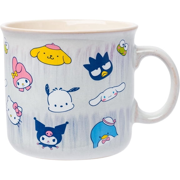 Silver Buffalo Sanrio Hello Kitty and Friends Featuring My Melody, Badtz-Maru, Pochacco, Keroppi, Pompompurin, Cinnamoroll, Kuromi, and Tuxedo Sam Reactive Glaze Ceramic Camper Mug, 20 Ounces