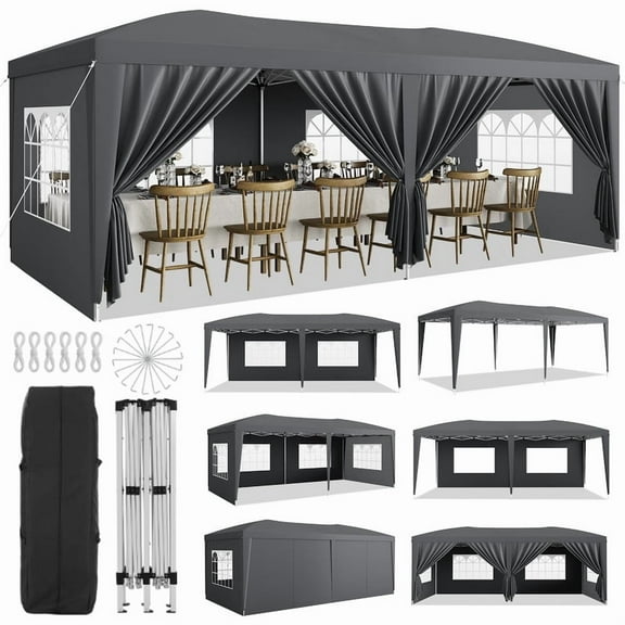 10x20 Heavy Duty Pop Up Canopy Tent with 6 Removable Sidewalls, Easy Up Commercial Canopy Tents for Parties, Large Outdoor Canopies with 3 Adjustable Heights, Stakes X18, Ropes X6, Grey