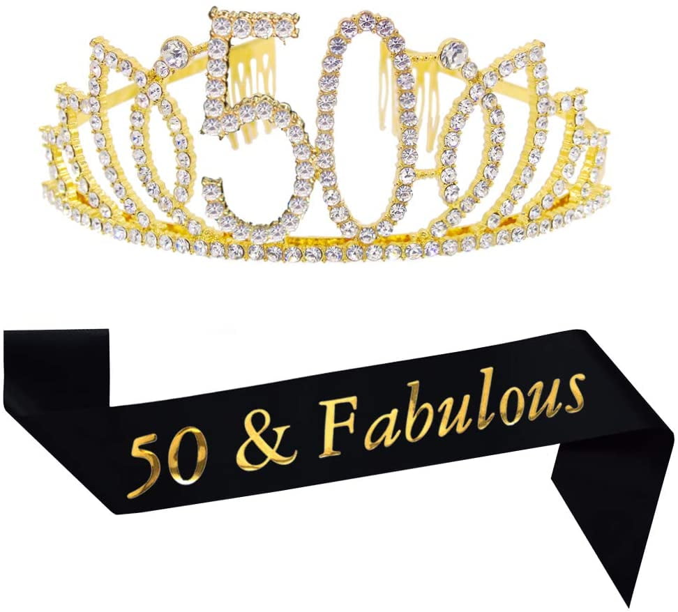 50th Birthday Kit Gold Tiara and Sash Glitter Satin Sash and Crystal