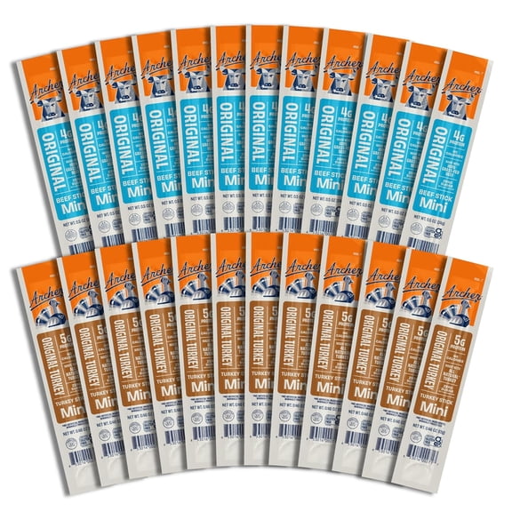Archer Jerky Mini Beef & Turkey Jerky Sticks - Grass Fed Beef Sticks Individually Wrapped, Mini Protein Snack Packs Bulk, Paleo, Keto - 12 of Each (24 Total)