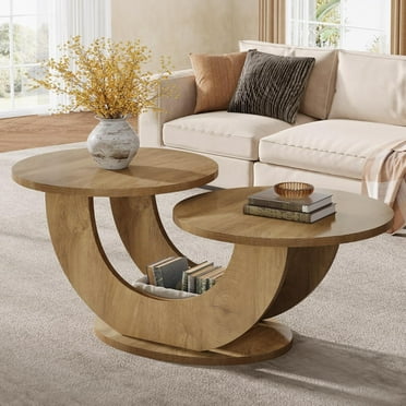 2-Tier Round Coffee Table, Farmhouse Living Room Coffee Table with U-Shaped Frame