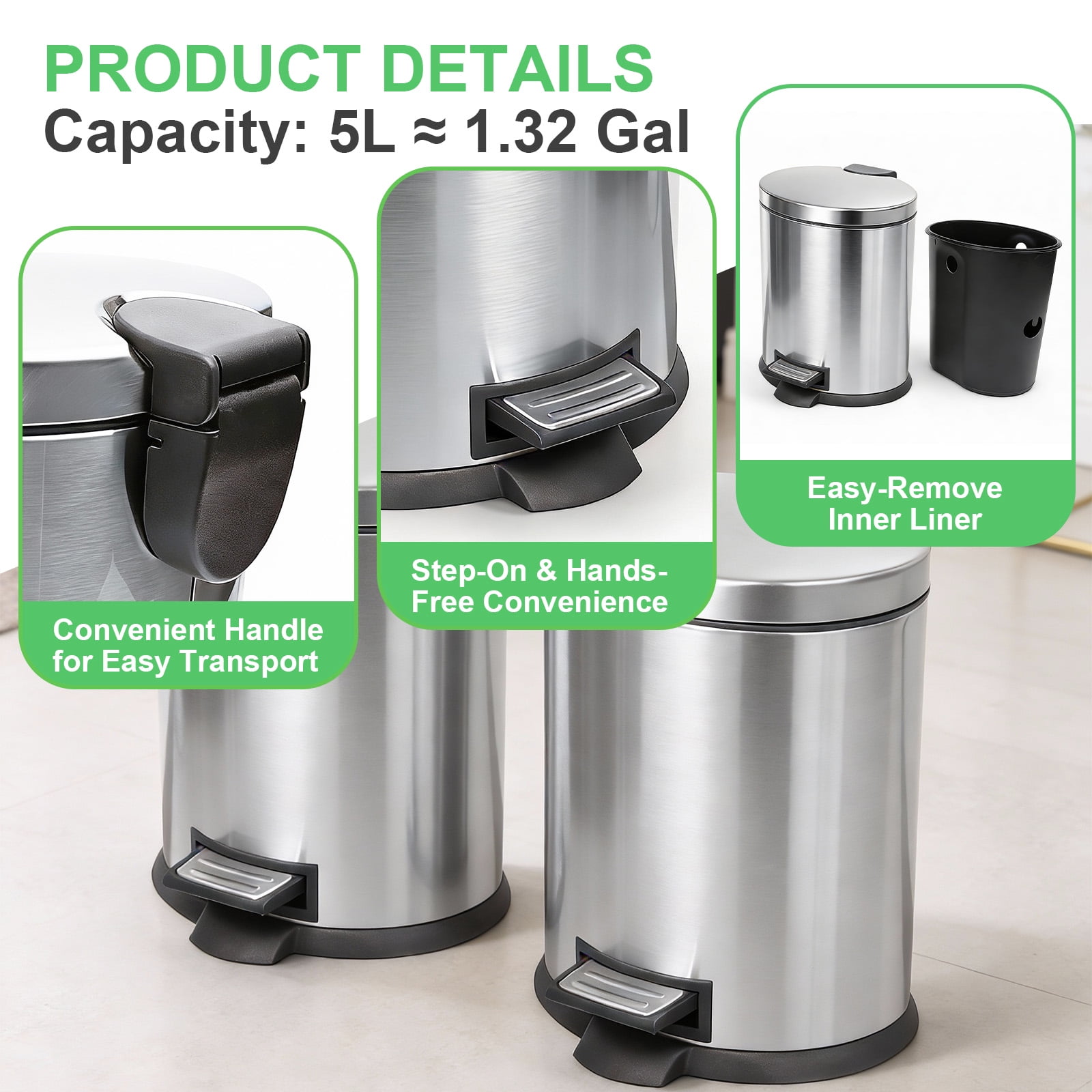 Koomade 2 Pack Bathroom Trash Can, 1.3 Gallon Stainless Steel Step Garbage Bin with Lid, Silver